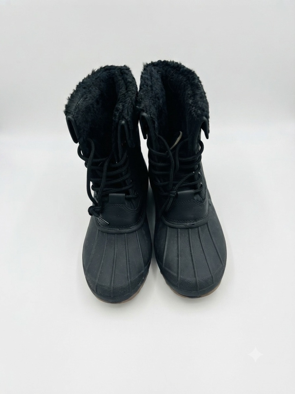 Insulated Black Lace-Up Winter Rain Boots with Faux Fur Collar
